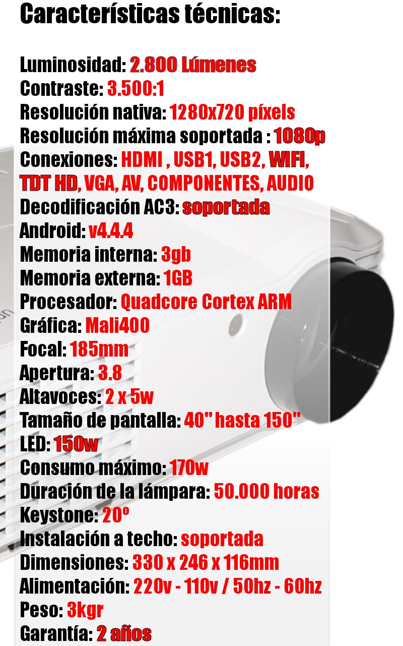 podemos proyectar pantallas desde 40 pulgadas hastas 200 pulgadas sin perdida de calidad gracias a su potente óptica de alta definición