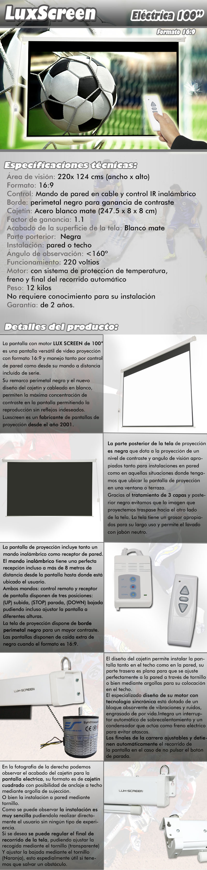 pantalla electrica de 100 pulgadas 16:9, dispone de parte trasera negra, borde perimetal negro para una mayor concentracion de contraste, ganancia de brillo 1:1, ideal para proyectores formato full hd y hd