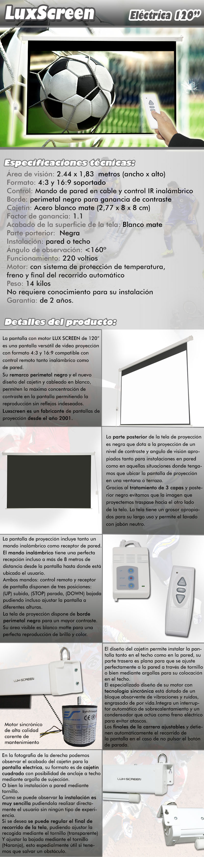 pantalla electrica de 120 pulgadas 2,44 x 1,83 metros, dispone de parte trasera negra, borde perimetal negro para una mayor concentracion de contraste, ganancia de brillo 1:1, ideal para proyectores formato full hd y hd