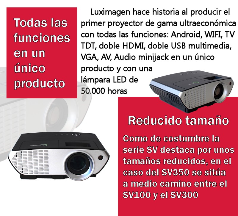 Luximagen hace historia al producir el primer proyector de gama ultraeconomica con todas las funciones: android, wifi, tv tdt, doble hdmi, doble usb multimedia, vga, av, audio minijack en un unico producto y con una lampara led de 50.000 horas