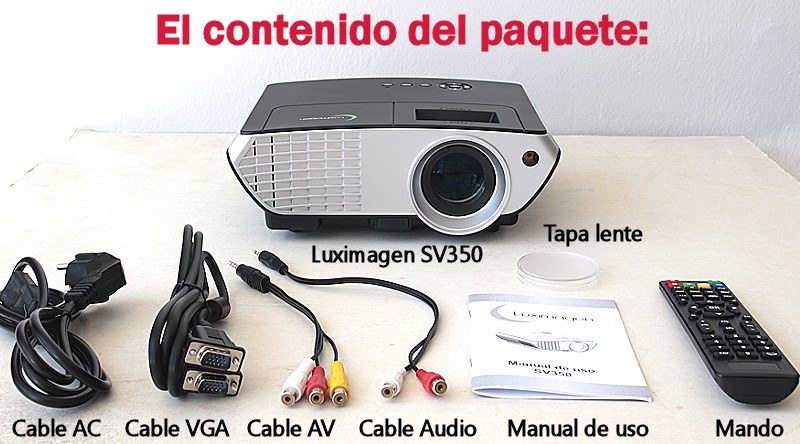 el paquete incluye: proyector Luixmagen SV350, cableado de video, cableado de corriente, mando a distancia y manual de usuario en castellano