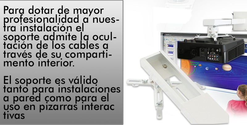 para dotar de mayor profesionalidad a nuestra instalacion el soporte admite la ocultacion de los cables a traves de su compartimento interior. El soporte es valido tanto para instalaciones a pared como para el uso en pizarras intrectivas