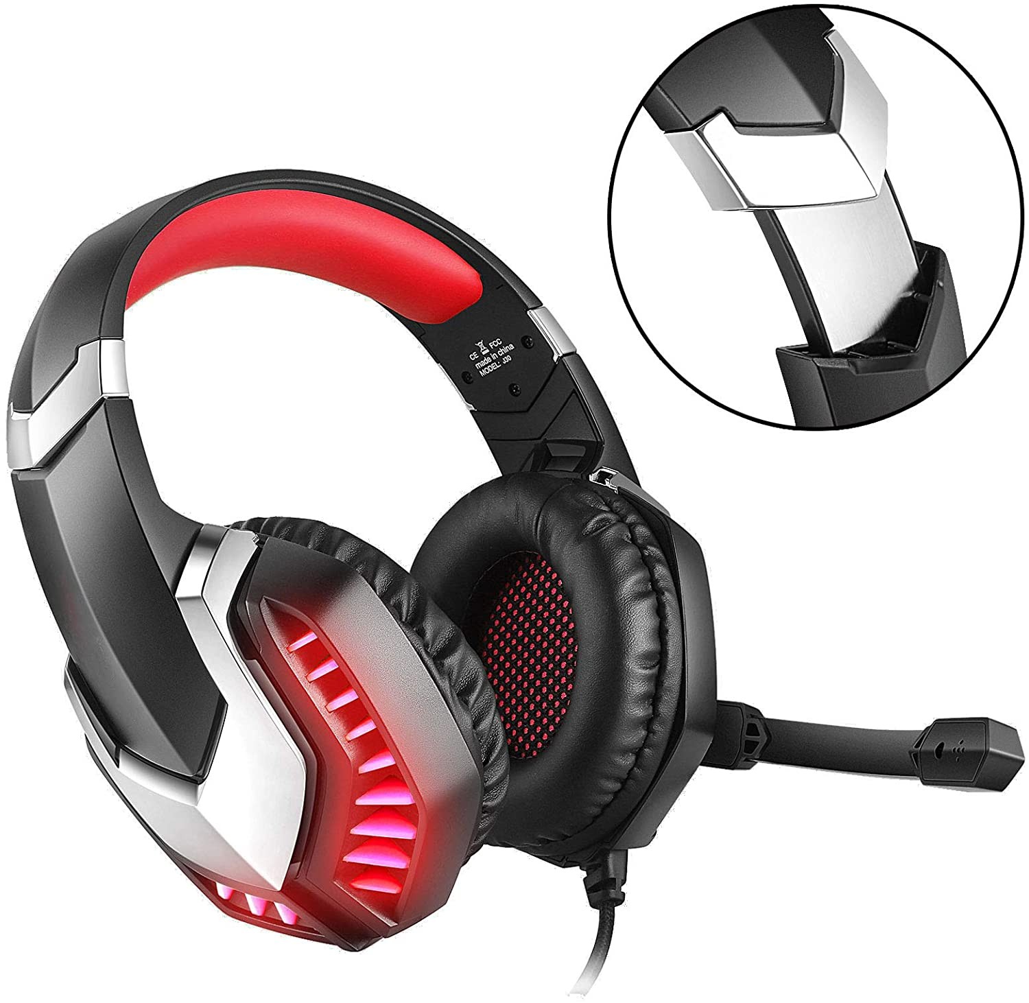 Auriculares Pc Ps4 Gamer Con Cable Y Microfono Luz Led Roja